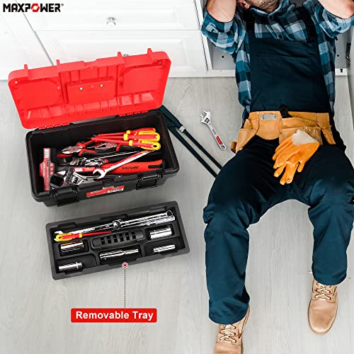 MAXPOWER Tool Box 16 inch, Plastic Small Tool Box with Latch Removable Tray | Lockable Toolbox for Home, Red - size: 16", style: 16" red