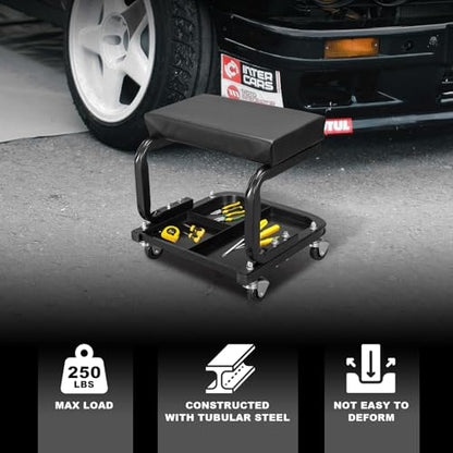 Torin ATR6300B Rolling Creeper Garage/Shop Seat: Padded Mechanic Stool with Tool Tray Storage, Black Large - style: Creeper seat-250lbs-Black