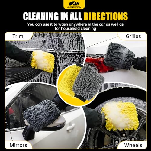 MIKKUPPA Car Wash Mitt Microfiber, Yellow & Gray, 2 Pack, 10" x 7" | Double-Sided Chenille Scratch Free Mitt with Waterproof Inner for Car Washing Home Cleaning - color: Yellow & Gray