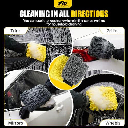 MIKKUPPA Car Wash Mitt Microfiber, Yellow & Gray, 2 Pack, 10" x 7" | Double-Sided Chenille Scratch Free Mitt with Waterproof Inner for Car Washing Home Cleaning - color: Yellow & Gray