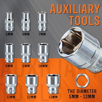CARTMAN 11-Piece 1/4 Inch Ratchet Socket Wrench Set, 5-13mm Socket Kit Rack | Compact ratchet socket wrench set with quick release handle, extension bar, and 5-13mm sockets for repairs assembly, and DIY.