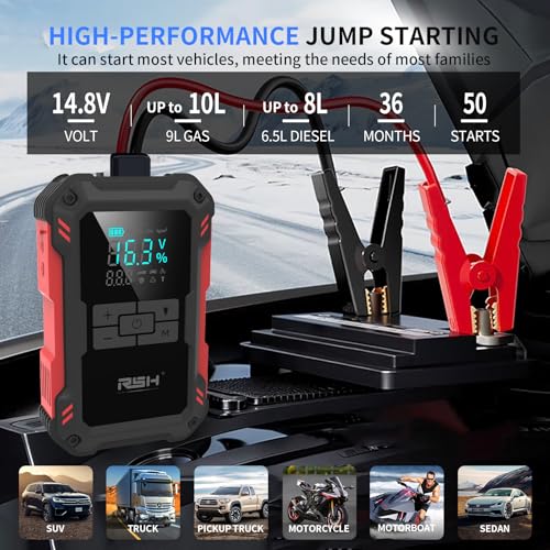 RSH Car Jump Starter with Air Compressor 4000A Peak Battery Jump Starter 14.8V ,150PSI Inflator Auto Booster 15000mAh Jump Box (up to 10L Gas,8L Diesel Engine)with LED Light,Quick Charger USB & Type C