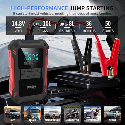 RSH Car Jump Starter with Air Compressor 4000A Peak Battery Jump Starter 14.8V ,150PSI Inflator Auto Booster 15000mAh Jump Box (up to 10L Gas,8L Diesel Engine)with LED Light,Quick Charger USB & Type C