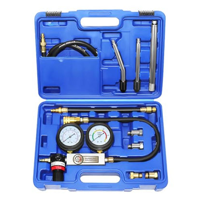 JIFETOR Cylinder Leak Down Tester Kit, Automotive Engine Compression Dual Gauge Leakdown Test Set with 10 12 14 18mm Spark Plugs Universal for Small Engine Motorcycle ATV, Blue Case - color: Blue Case