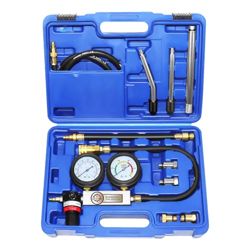 JIFETOR Cylinder Leak Down Tester Kit, Automotive Engine Compression Dual Gauge Leakdown Test Set with 10 12 14 18mm Spark Plugs Universal for Small Engine Motorcycle ATV, Blue Case - color: Blue Case