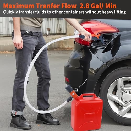 Fuel Transfer Pump with Hand Nozzle, 2.8 GPM Gas Can Pump with Retractable Intake Pipe and 51 Inch Discharge Hose, Portable Battery Powered Liquid Siphon Pump for Oil, Gasoline, Diesel