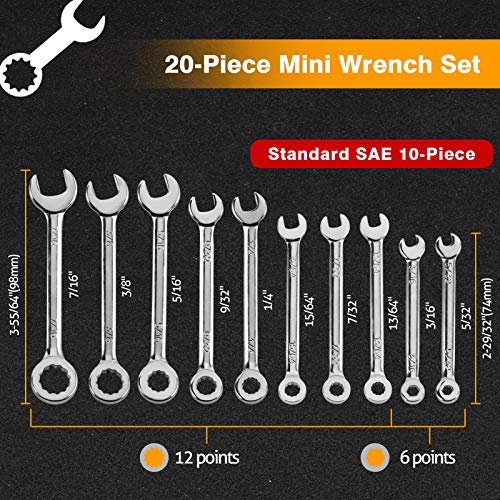 SPEEDWOX 20-Piece Mini Combination Wrench Set, High Carbon Steel, Silver - size: Metric & SAE