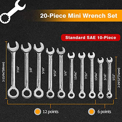 SPEEDWOX 20-Piece Mini Combination Wrench Set, High Carbon Steel, Silver - size: Metric & SAE