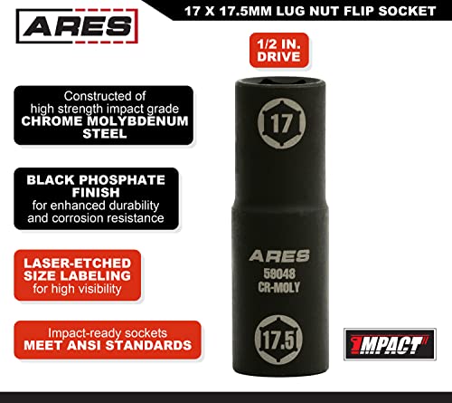 ARES 59048-1/2-inch Drive 17 x 17.5mm Half Size Lug Nut Flip Socket - Impact Grade Chrome-Moly Steel – Remove Warped, Damaged, and Bloated Chrome Capped Lug Nuts - size: 17 x 17.5mm