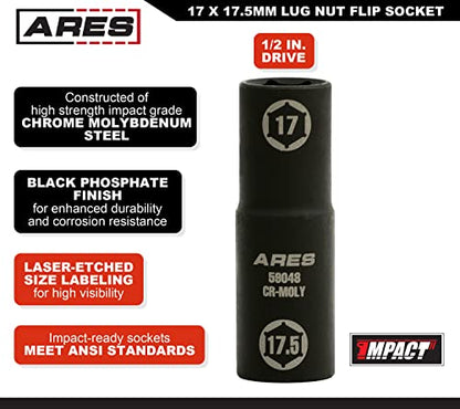 ARES 59048 17x17.5mm Half Size Lug Nut Flip Socket - 1/2-In Drive | Removes Warped, Damaged & Bloated Chrome Capped Lug Nuts - size: 17 x 17.5mm