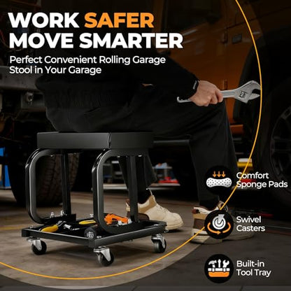 Auto Dynasty Rolling Mechanic Stool, Padded Shop Seat, w/Tool Tray, Black | Heavy Duty 250Lbs Capacity, Low Profile Rolling Shop Seat, with Tool Tray Storage for Garage, Workshop, Auto Repair