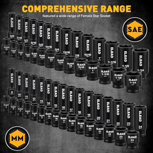 ELEAD 67 Piece 1/2" Drive Deep Impact Socket Set: Standard SAE (3/8"-1-1/4") & Metric (8-24 mm), Including 3 ", 5", 10" Extension Bar, Universal Joint, Ratchet Handle and Adapter - style: 67pcs 1/2'' Drive Impact Socket Set