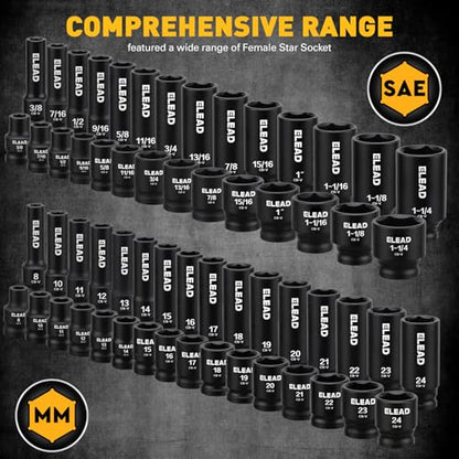 ELEAD 67 Piece 1/2" Drive Deep Impact Socket Set: Standard SAE (3/8"-1-1/4") & Metric (8-24 mm), Including 3 ", 5", 10" Extension Bar, Universal Joint, Ratchet Handle and Adapter - style: 67pcs 1/2'' Drive Impact Socket Set