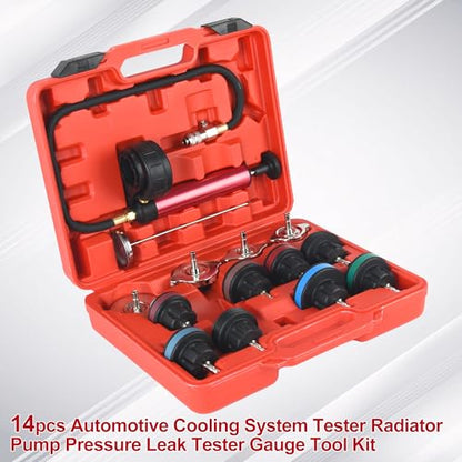 14pcs Automotive Cooling System Tester Radiator Pump Pressure Leak Tester Gauge Tool Kit,Coolant Pressure Tester Kit with Aluminum Hand Pump and Adapters - color: Red 3