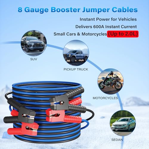 HiFind 8 Gauge Jumper Cables 8 FT for Car Battery, 8 AWG Heavy Duty Long Automotive Booster Wire, 600 Amp Emergency Starting Cable for Cars SUV Truck Vans RV With Alligator Clamps, Carrying Strap - size: 8FT, style: 8 Gauge