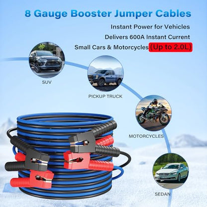 HiFind 8 Gauge Jumper Cables 10 FT for Car Battery, 8 AWG Heavy Duty Long Automotive Booster Wire, 600 Amp Emergency Starting Cable for Cars SUV Truck Vans RV With Alligator Clamps, Carrying Strap - size: 10FT, style: 8 Gauge