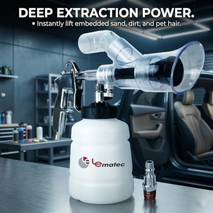 LE LEMATEC Air Tornador Car Detailing Gun & Upholstery Extractor Kit | Interior carpet vent cleaner, foam bottle, vacuum attachment, 3000 RPM, 90 PSI, 1/4" NPT compressor - size: 3,000 RPM
