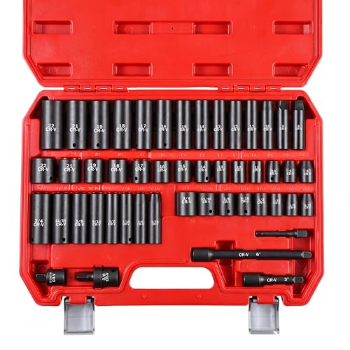 49PCS 3/8'' Drive Impact Socket Set, SAE 5/16”-3/4” & Metric 8-22mm, CR-V Steel Mechanics Tool Set with Universal Joint, Extension Bar, 1/2 to 3/8 Reducer, Hex Shank Socket Adapter, Ratchet Handle - size: 3/8" Impact Socket Set