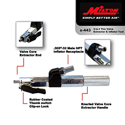 Milton (S-443) 3-in-1 Tire Valve Extractor and Inflator Tool - Remove, Inflate, Install.