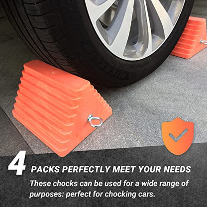 HOXWELL Premium 4 pcs Heavy Duty Wheel Tire Chocks, Vehicle Chocks with Eyebolt for Travel Trailers, Camper, Truck, Car and ATV 4 Pack, Orange - color: Orange-4 pcs