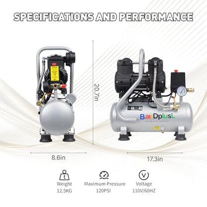 BairDplusL 3.2 Gallon Ultra Quiet Air Compressor 110V/60Hz 1.5HP 8.8CFM, MAX 115PSI Steel Tanks Oil-Free 70dB Noise Level Light & Quiet Portable Air Compressor for Auto Repair Spray Painting - size: 12L