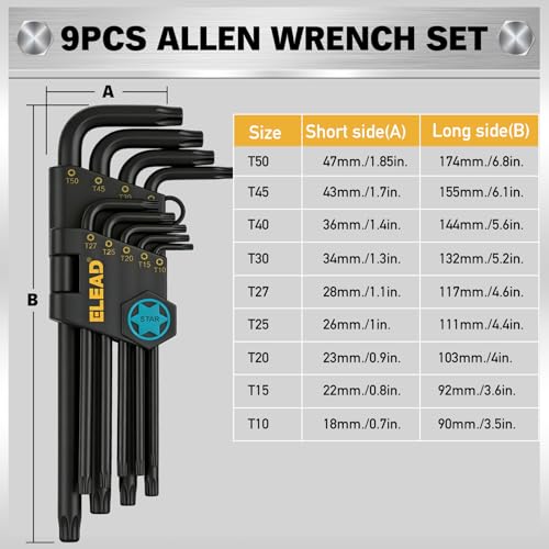ELEAD 11-Piece Torx Star Allen Wrench Set with Extension Bar, Long Arm Torx Key Set T10-T50, Heat-Treated S2 Steel - style: 11PCS Torx Star