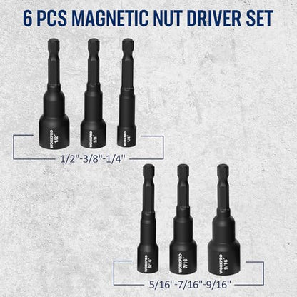 WORKPRO 6 PCS Magnetic Nut Driver Set, 1/4" Hex Shank, Drill Socket Set, Impact Driver Bit Set, 1/4” to 9/16”, Chrome Vanadium Steel, SAE - size: 6PCS Magnetic Nut Driver Set