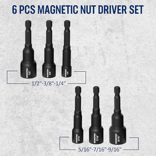 WORKPRO 6 PCS Magnetic Nut Driver Set, 1/4" Hex Shank, Drill Socket Set, Impact Driver Bit Set, 1/4” to 9/16”, Chrome Vanadium Steel, SAE - size: 6PCS Magnetic Nut Driver Set
