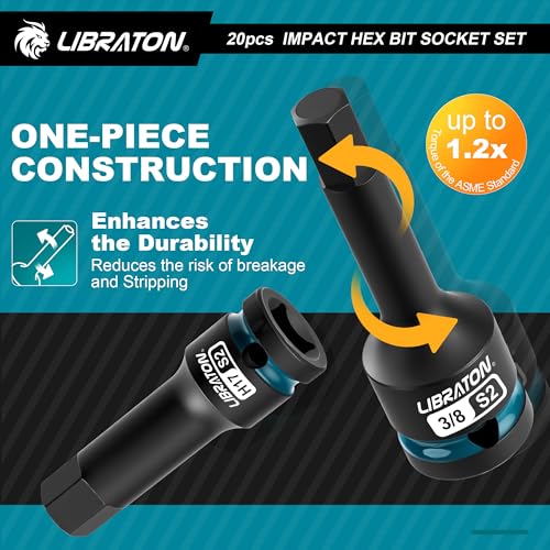 LIBRATON Impact Hex Bit Socket Set, 1/2" Dr, S2 Steel, Metric & SAE 20PCS (H5-H19 & 1/4"-3/4") High Torque Sockets for Professional Mechanics & Automotive Repair (XPE Storage Cases) - style: Metric & SAE