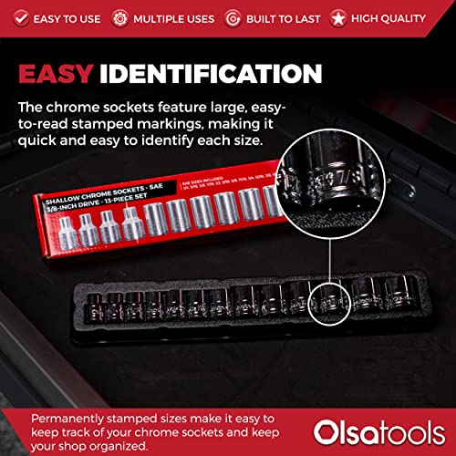 Olsa Tools SAE Shallow Socket Set - 3/8-Inch Drive, 13pc - 6-Point Chrome Sockets 1/4" to 1" and No Skipped Sizes - Mechanic Shallow SAE Socket Set - Professional Grade Short Sockets - Part: 1333 - color: Sae Shallow, size: 13pc, 3/8-Inch Drive