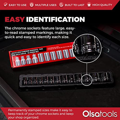 Olsa Tools SAE Shallow Socket Set - 3/8-Inch Drive, 13pc - 6-Point Chrome Sockets 1/4" to 1" and No Skipped Sizes - Mechanic Shallow SAE Socket Set - Professional Grade Short Sockets - Part: 1333 - color: Sae Shallow, size: 13pc, 3/8-Inch Drive