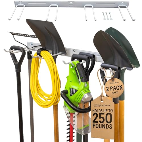 StoreYourBoard 72" Garage Tool Organizer Wall Mount | Garden Tool Organizer System | Heavy Duty Garden Tool Storage Rack for Yard Tools Rakes Shovels 500lbs Garage Organization | 8 PVC Coated Hooks - color: GRAY, size: 72" Heavy Duty Steel Rack | 8 Hooks