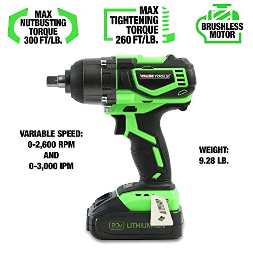 OEMTOOLS 24486 1/2" Impact Wrench, 20V Brushless Cordless Impact, 300 Ft/Lb Torque, Variable Speed, For Lug Nuts and High-Torque Applications