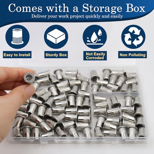 1/4''-20 UNC Rivet Nut, 88Pcs 304 Stainless Steel Flat Head Rivnut Threaded Insert Nutsert - color: Silver, size: SAE 1/4"-20 - 88 Pcs