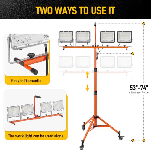 4-Head 32000LM LED Work Light with Stand & Wheel, 280W Tripod Light | 6500K, Adjustable Height, 360° rotation, IP66, Foldable, Individual Switch Light, Suitable to Job Site, Construction, Garage - color: Bright Orange