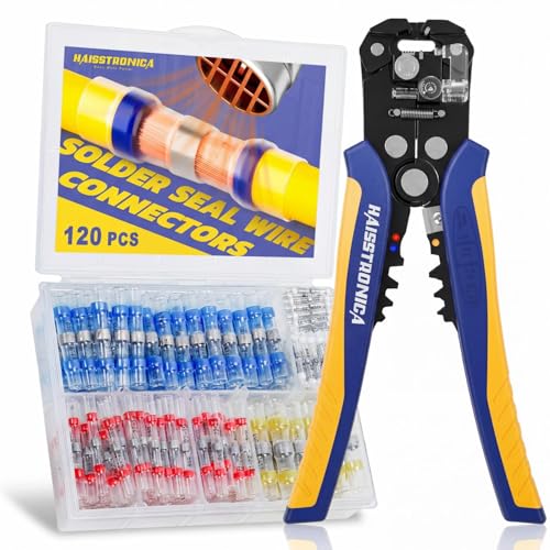 haisstronica 120PCS Solder Seal Wire Connectors Kit with 10-24 AWG Self-Adjusting Automatic Wire Stripper Tool, Waterproof Heat Shrink Butt Terminals for Car, Marine, Trailer, DIY Wiring Projects - size: 120PCS