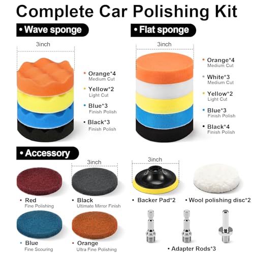GOH DODD 38 Pieces 3 Inch Buffing Polishing Pads, Car Foam Drill Polishing Pad Kit Sponge Pads Buffer Polisher Kit Headlight Restoration Kit with Wool Pads for Car Polishing, Waxing and Cleaning - color: 3 Inch 38 Pieces