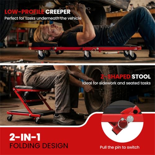 Folding Mechanic Creeper Stool, Heavy Duty Padded Seat for Garage Workshop, Low Profile Auto Repair Rolling Seat with Tool Tray, Shop Stool Workshop Seat Car Repair Creeper Under Car Creeper