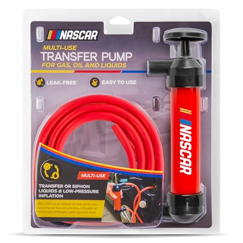 NASCAR Transfer Pump, Multi-Use Siphon Fuel Transfer Pump Kit for Gas Oil and Liquids, Leak-Free Gasoline Portable Fluid Transfer & Air Pump Kit for Water, Tires & More, Red & Black