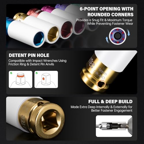 9-Piece Impact Lug Nut Socket Set, 1/2" Drive | Metric (17,19,21mm) & SAE (3/4" to 1-1/16"), Thin Wall 6-Point Design, Colored Protective Sleeves, Non-Marring Rim Guard - style: 17 19 21MM ; 3/4",13/16",7/8",15/16",1",1-1/16"