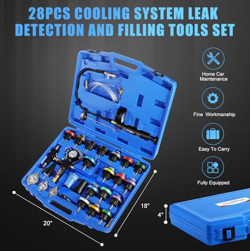 JIFETOR Radiator Coolant Pressure Tester Vacuum Refill Tool 28PCS Kit Blue | Automotive Cooling System Leak Test & Pneumatic Purge Fill Set with 21PCS Testing Adapter Cap Universal for Airlift Car Truck - color: Blue Case