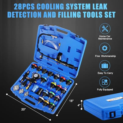 JIFETOR Radiator Coolant Pressure Tester Vacuum Refill Tool 28PCS Kit Blue | Automotive Cooling System Leak Test & Pneumatic Purge Fill Set with 21PCS Testing Adapter Cap Universal for Airlift Car Truck - color: Blue Case