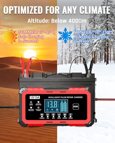 12V 15A Car Battery Charger - Smart Automatic Trickle Charger Battery Maintainer for Car Battery with Pulse Repair & LCD Display, Compatible with Lithium/CAR/AGM/Moto/LiFePO4 Batteries - color: Red