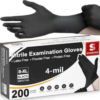 Schneider Medical Nitrile Exam Gloves, 4 Mil Black Gloves Disposable Latex Free Powder Free, Food Safe for Cooking - size: Small, style: 200 Count(box of 200)