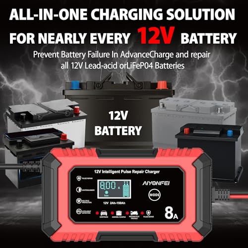 12V Battery Charger 8-Amp Smart Trickle Charger, Red | Battery Maintainer and Desulfator, Temperature Compensation, for Car, Truck, SUV, Motorcycle, Boat, Lead Acid, LiFePO4 ﻿ - color: Red