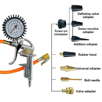 Heavy Duty Air Compressor Accessories Kit, 220PSI Rubber Hose Tire Inflator Gauge with Air Hose Fittings, 1/4" NPT Air Tool Kit with Air Dust Blowing Tool