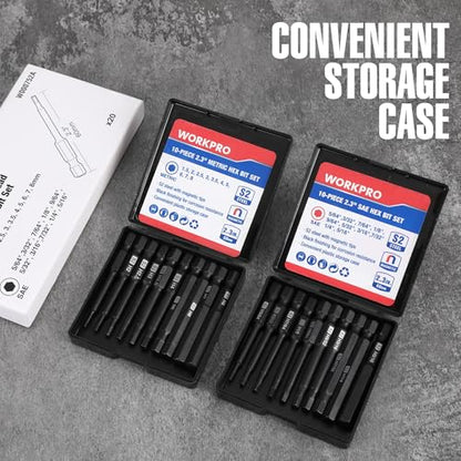 WORKPRO 20pcs Hex Head Allen Wrench Drill Bit Set, CNC Machined S2 Steel Magnetic Metric and SAE Hex Bits, 1/4 Inch Square Shank Driver Bits, 2.3" Long Screwdriver Bits Set With Storage Box - color: Hex