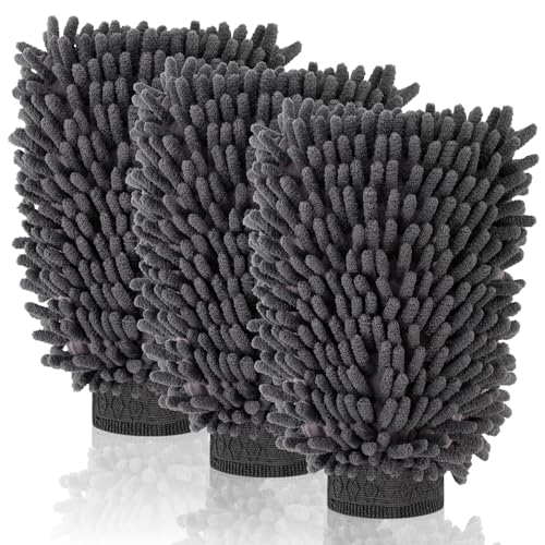 3 Pack Chenille Microfiber Car Wash Mitt, 7" x 9.6", Grey | Car Washing Mitts, Home Dusting Gloves, Scratch Free Lint-Free, Highly Absorbent, Double Sided, for Cleaning Detailing Polish - color: Grey