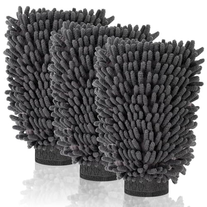 3 Pack Chenille Microfiber Car Wash Mitt, 7" x 9.6", Grey | Car Washing Mitts, Home Dusting Gloves, Scratch Free Lint-Free, Highly Absorbent, Double Sided, for Cleaning Detailing Polish - color: Grey