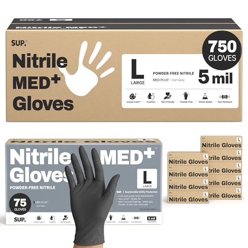 SUP MED+ Black Nitrile Exam Gloves, 5 Mil Disposable Gloves Latex & Powder-Free Medical Food Safe Cooking Glove, 75 or 750 Ct - color: Large (Black 1000)